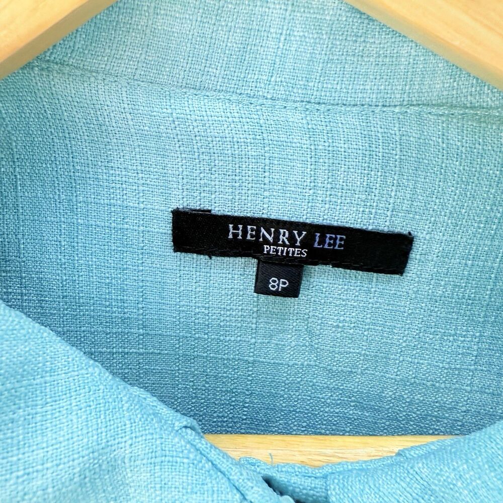 Henry Lee Dress Vintage Size 8P Aqua Blue Short Sleeve Midi Sheath Belted - Picture 3 of 13